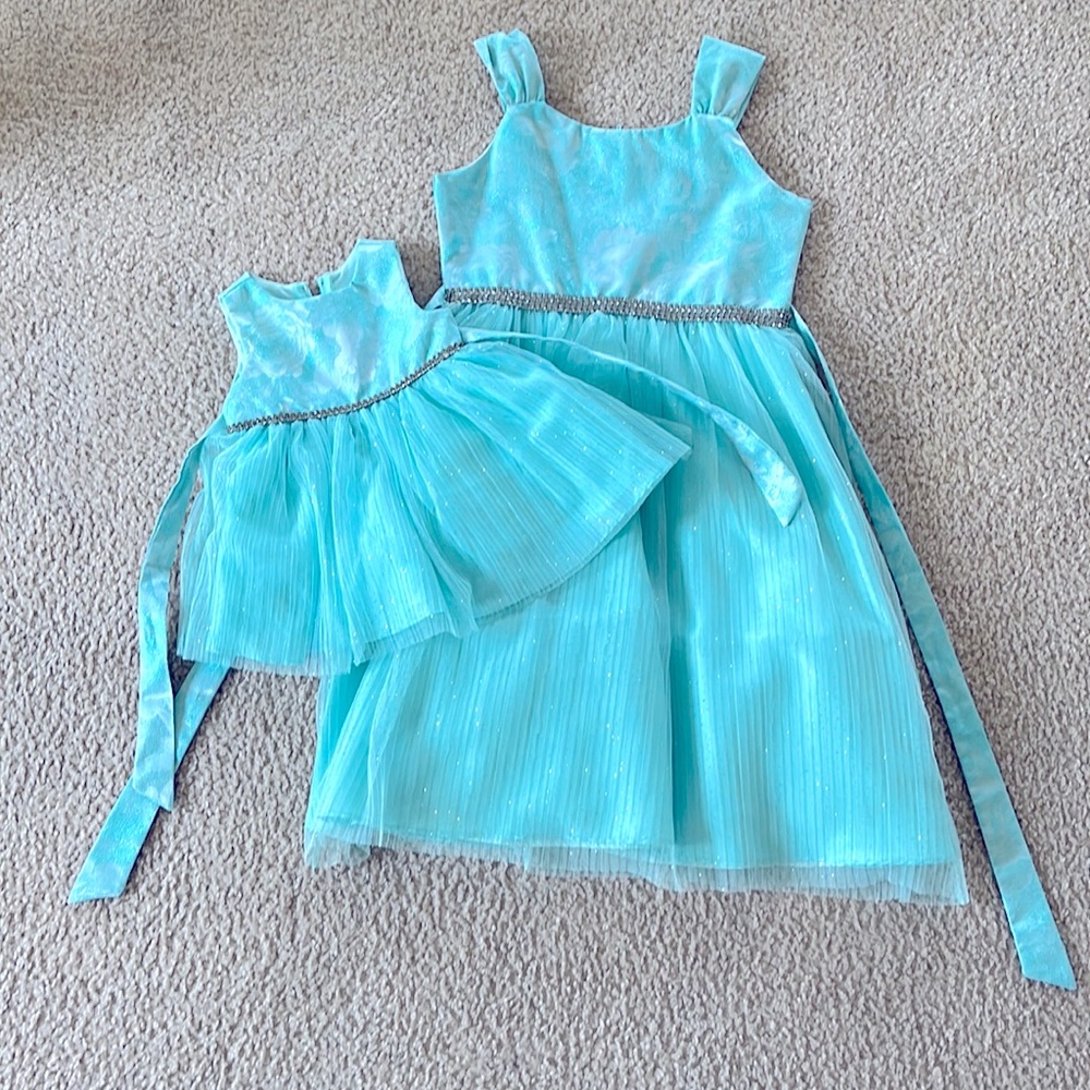 Rare Editions Baby Girls Teal Dress Sparkly Glitter Floral Design Sz 6-9 months